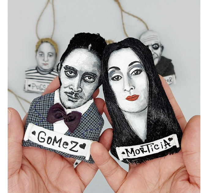 SET Gomes & Morticia ornaments, Horror Movie handcrafted ornaments