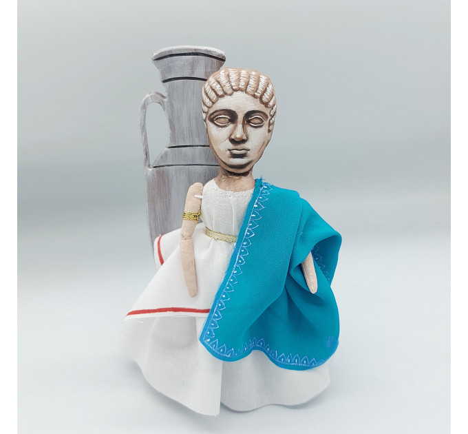 Figurine of Aspasia of Miletus - teacher of ancient philosophy, feminist - Ancient History Art - Collectible doll + wooden column