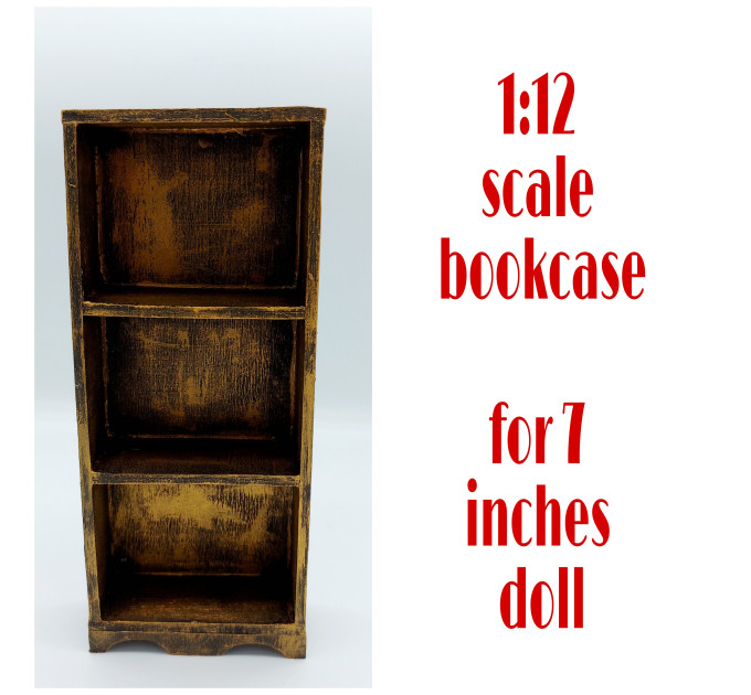 Miniature Wooden Bookcase 1:12 scale furniture for 7 inches dolls, Library decoration