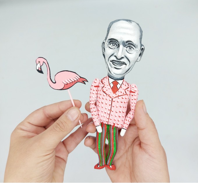 John Waters handmade figure, famous American filmmaker, actor, writer 