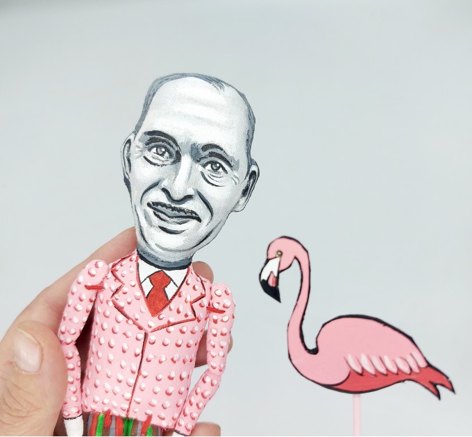 John Waters handmade figure, famous American filmmaker, actor, writer 