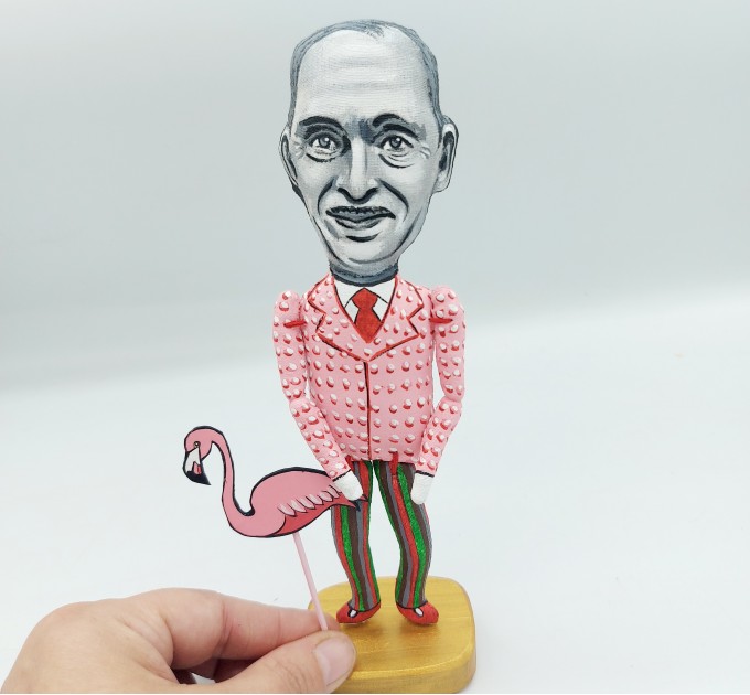 John Waters handmade figure, famous American filmmaker, actor, writer 